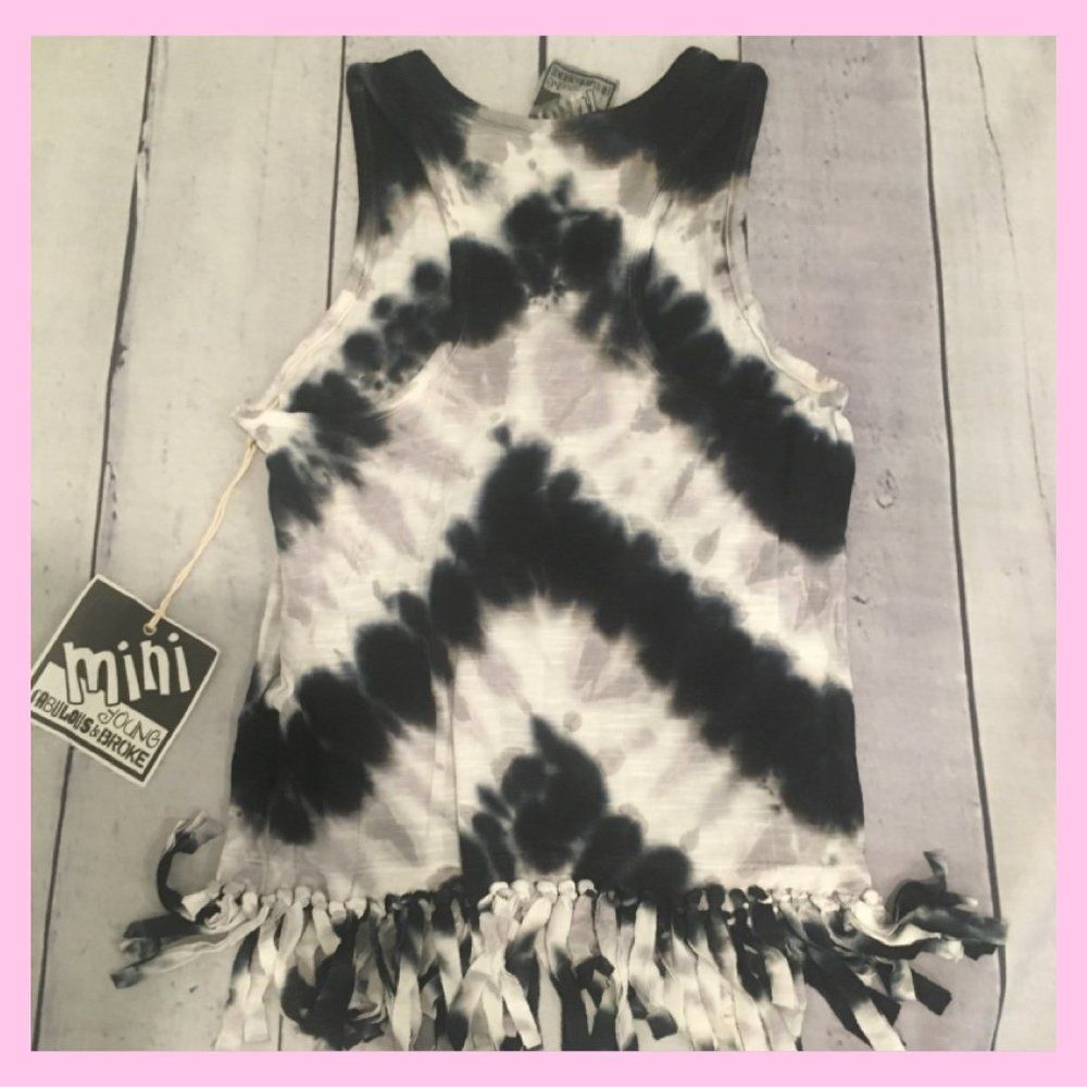 NWT, MINI Young, Broke, & Fabulous Girls Tie-Dye Fringe Tank -Black/Grey & White - Picture 3 of 3